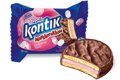 Печиво затяжне глазуроване «Super Kontik» з начинкою маршмелоу зі смаком полуниці 417404237  фото